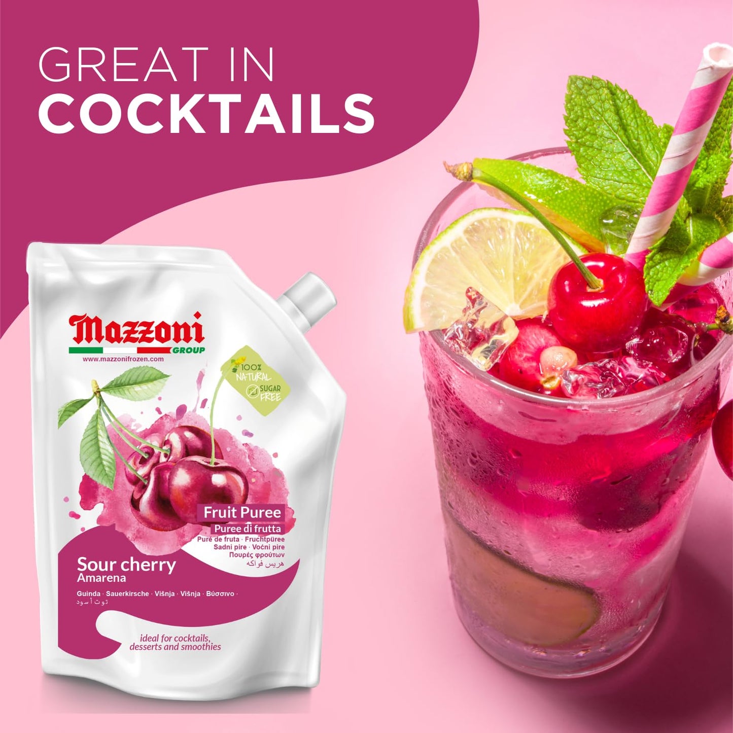 Mazzoni sour cherry fruit puree package with a cocktail garnished with cherry, lime, and mint on a pink background.