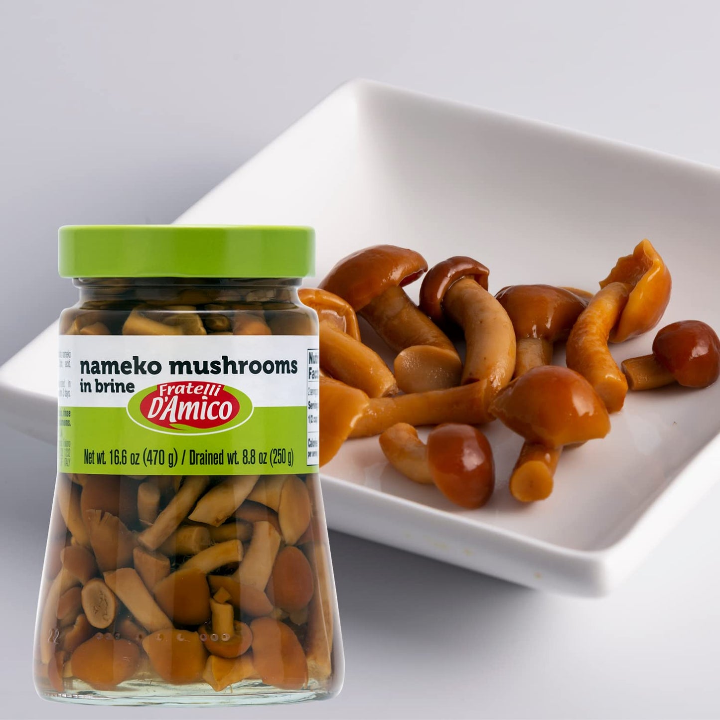 Jar of Fratelli D’Amico nameko mushrooms in brine 470g Italian preserved mushrooms