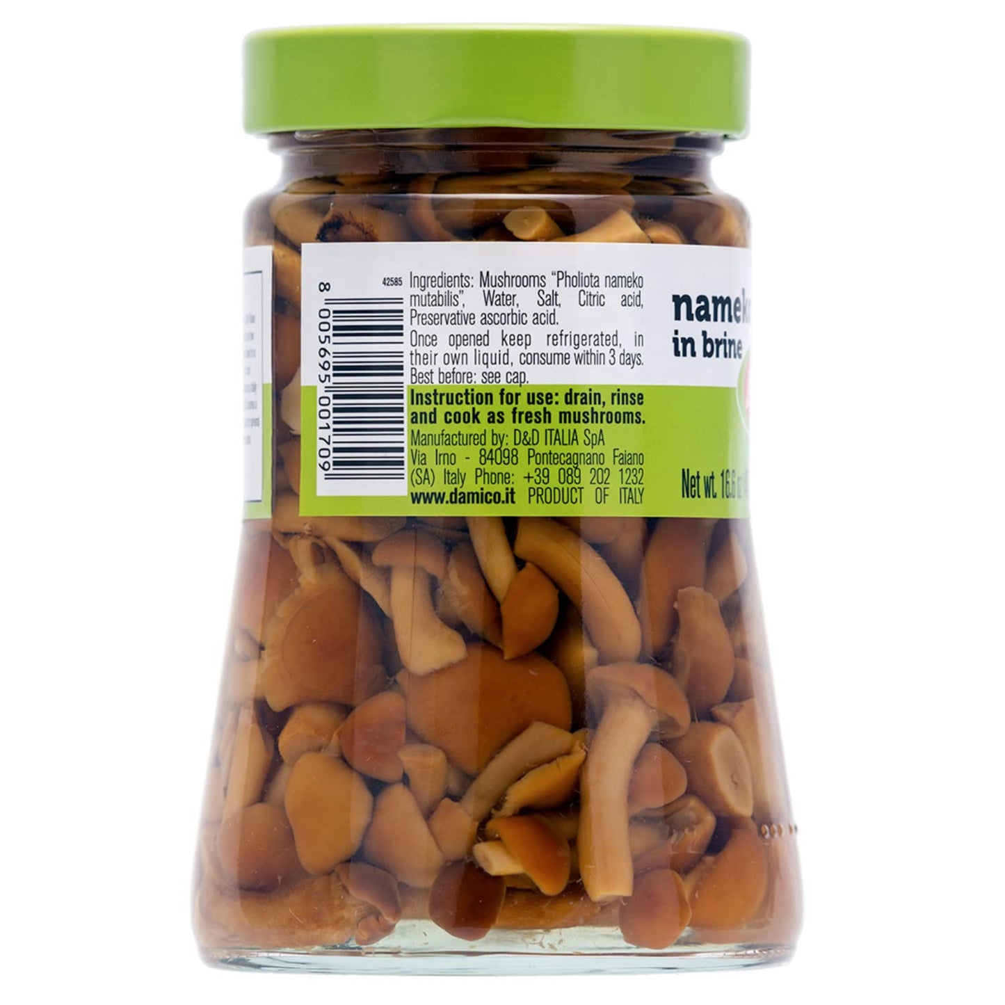 Jar of Fratelli D’Amico nameko mushrooms in brine 470g Italian preserved mushrooms