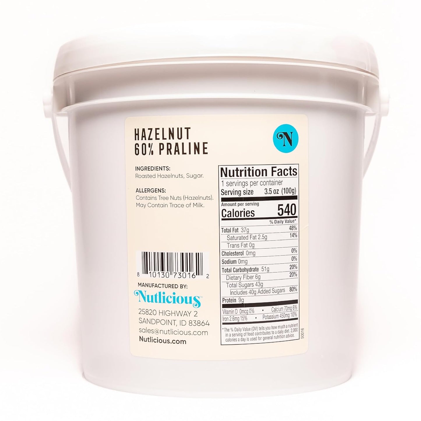 Back label of Nutlicious Hazelnut 60% Praline Spread tub showing ingredients, allergens, and nutrition facts.