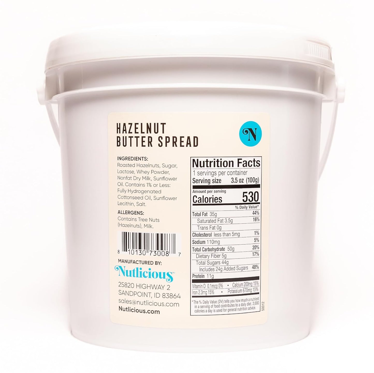 Back view of Nutlicious Hazelnut Butter Spread 9 lb bucket showing nutrition facts, ingredient list, and allergen information.