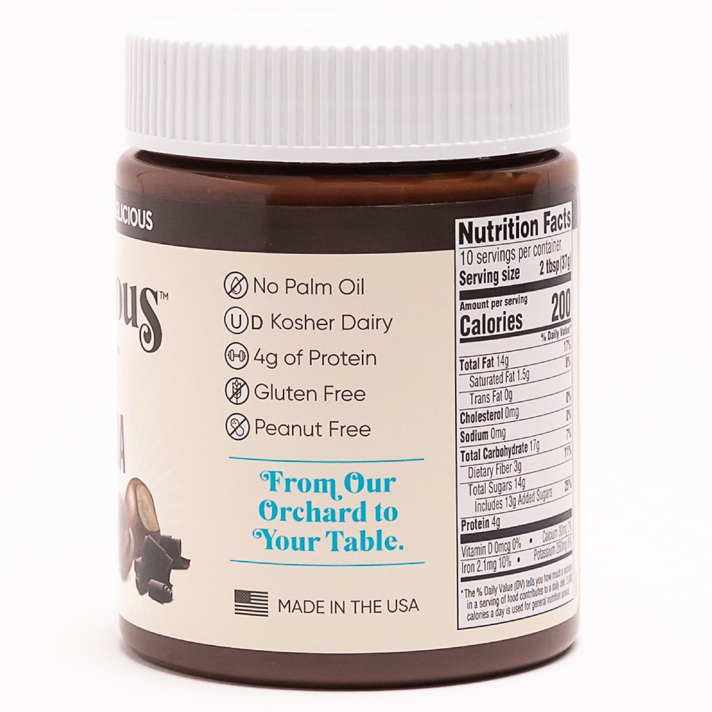 A 13 oz jar of Nutlicious Hazelnut Dark Cocoa Spread with a white lid and cream-colored label, featuring hazelnuts and dark cocoa pieces at the front of the jar.