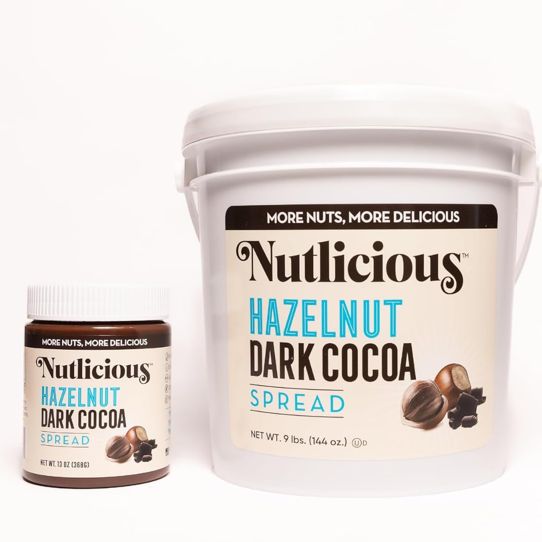 Nutlicious Hazelnut Dark Cocoa Spread in two sizes, a small 13 oz jar and a large 9 lb tub, with creamy hazelnut and dark cocoa flavor.
