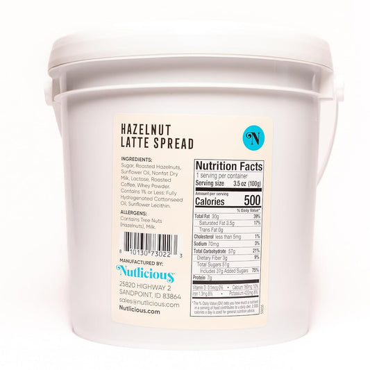 Back view of Nutlicious Hazelnut Latte Spread 9 lb tub showing nutrition facts, ingredient list (sugar, roasted hazelnuts, sunflower oil, nonfat dry milk, lactose, roasted coffee, whey powder), allergen information, barcode, and manufacturer details.