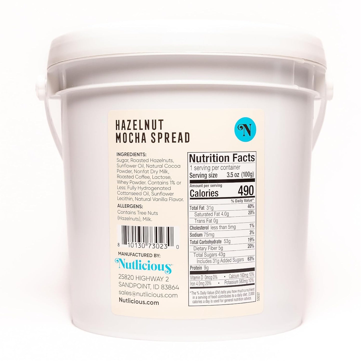 Back label of Nutlicious Hazelnut Mocha Spread tub showing nutrition facts and ingredients list.