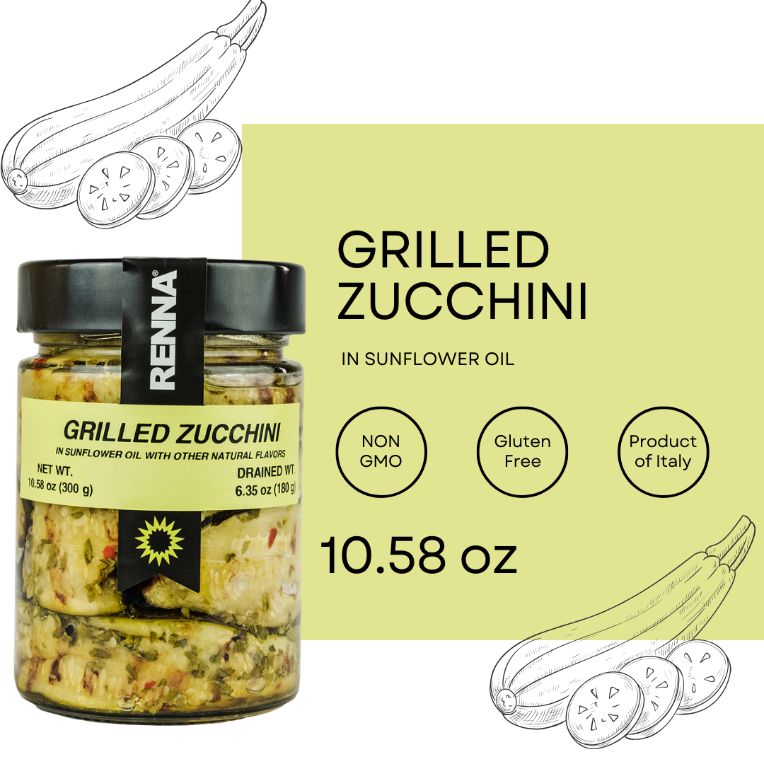 Savor Genuine Italian Culinary Excellence: Enjoy the authentic Italian flavor of Renna's Grilled Zucchini in Preserved Oil. Savor every taste of this genuine gastronomic treasure as it transports you to the rich flavors of the Mediterranean. Ready-to-Eat Arrangement