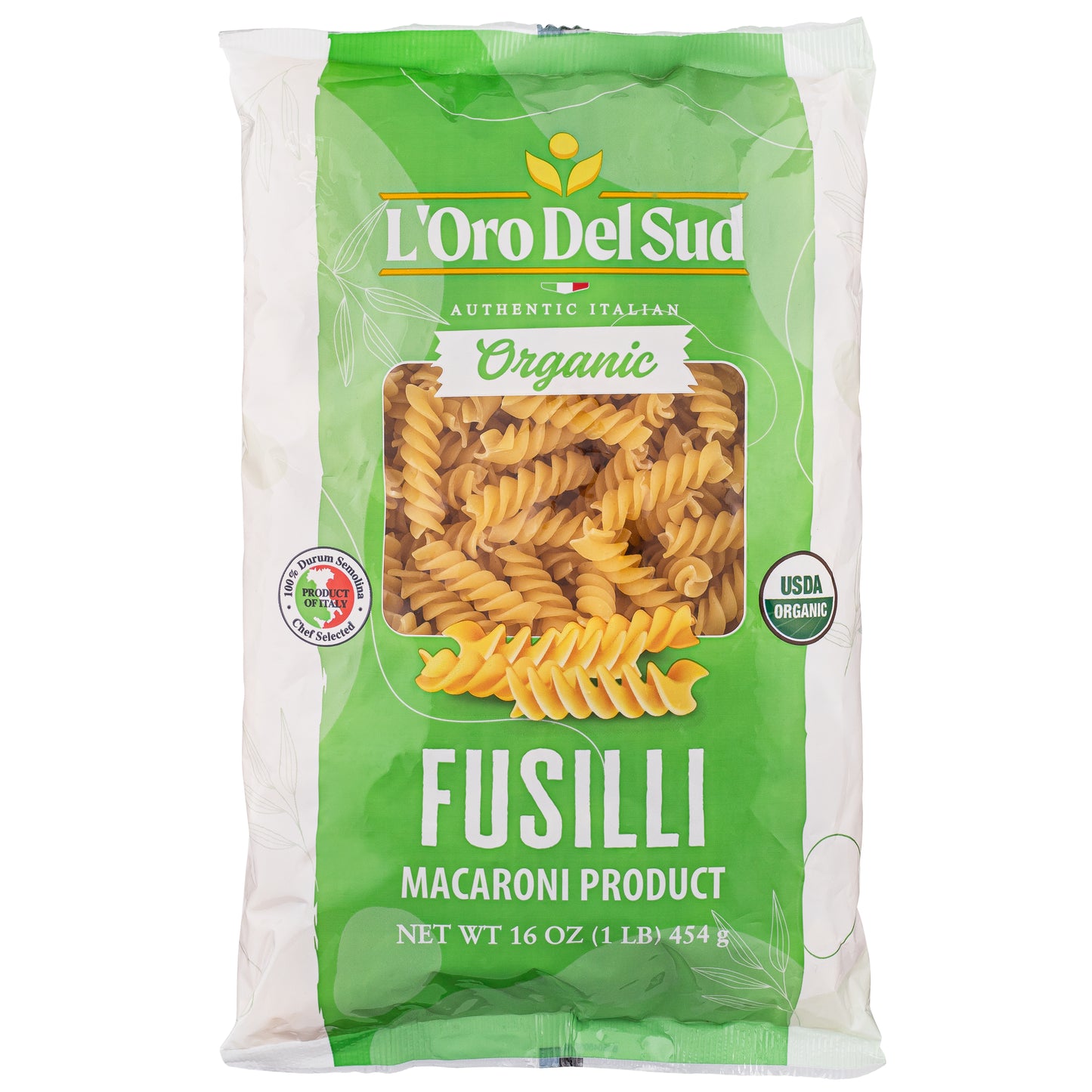 A package of L'Oro Del Sud Organic Fusilli Pasta, showing the pasta shape through a clear window and labeled as 'Organic Macaroni Product'.