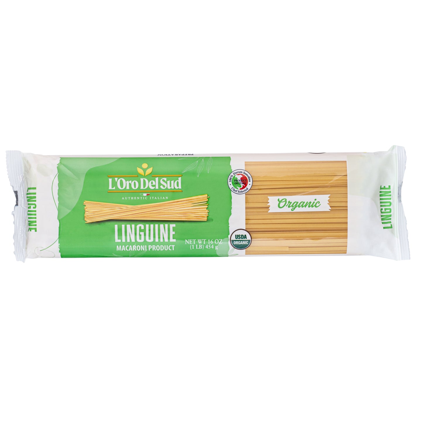 Packaging of L'Oro Del Sud Organic Linguine Pasta, displaying the product and its organic certification.