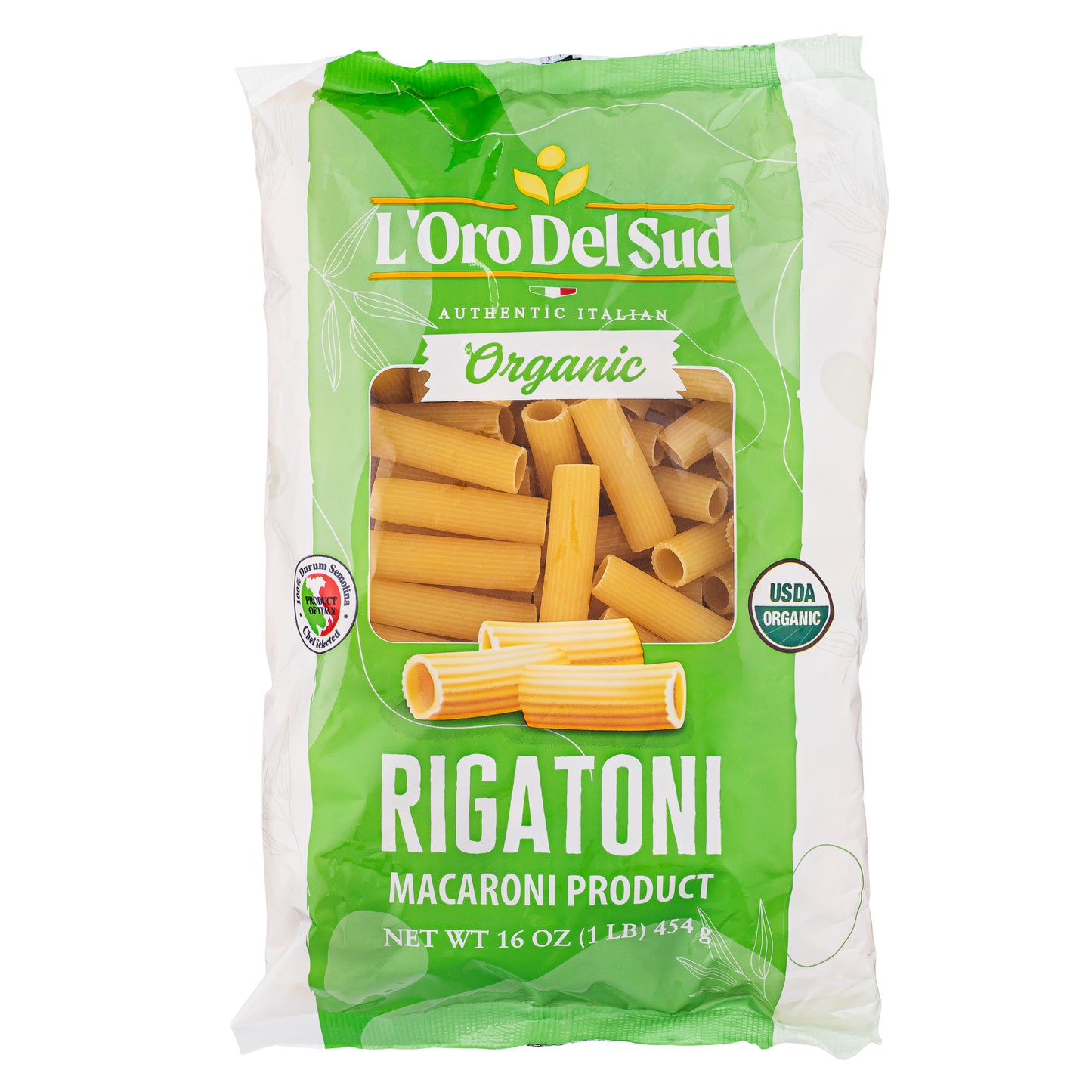 A package of L'Oro Del Sud Organic Rigatoni Pasta, showing the pasta inside a transparent window on the front of the package.