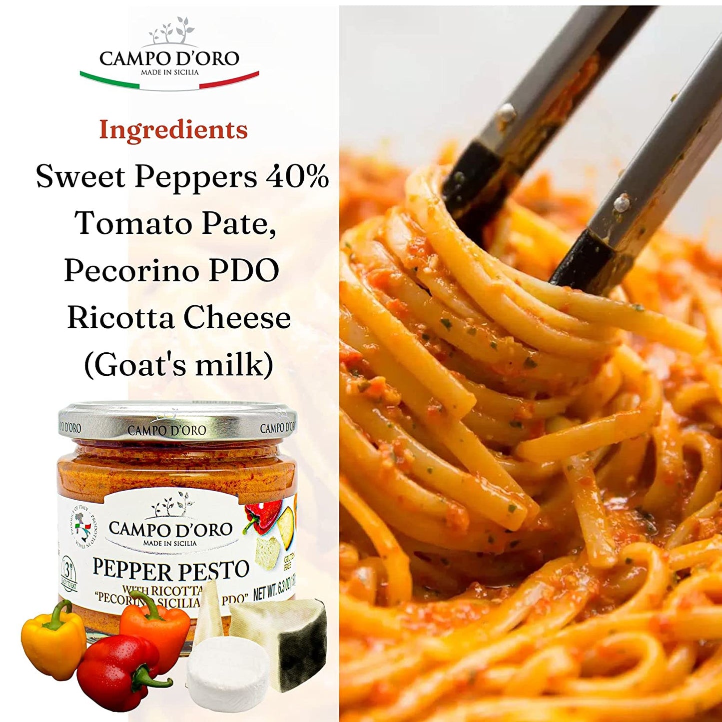 Jar of Campo D’Oro pepper pesto with ricotta and Pecorino Siciliano PDO 180g authentic Italian gourmet pesto sauce