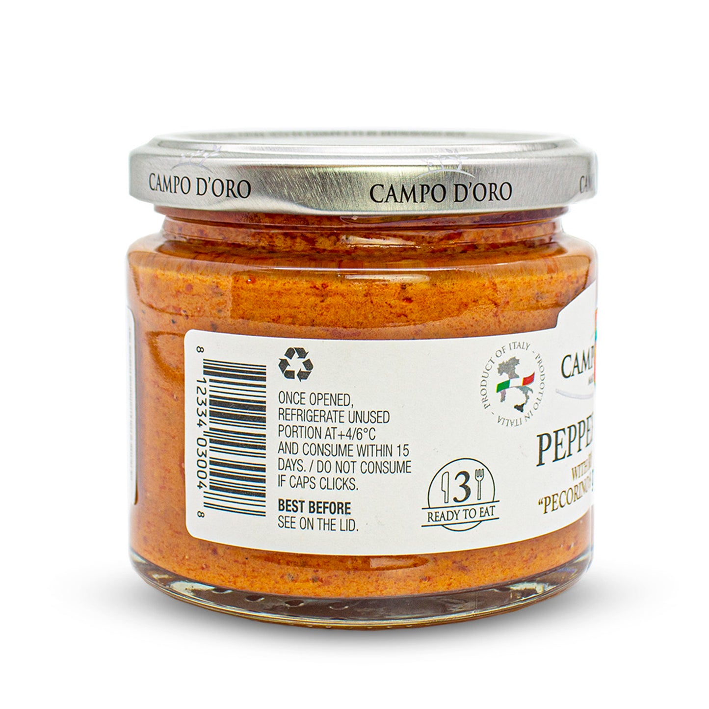 Jar of Campo D’Oro pepper pesto with ricotta and Pecorino Siciliano PDO 180g authentic Italian gourmet pesto sauce