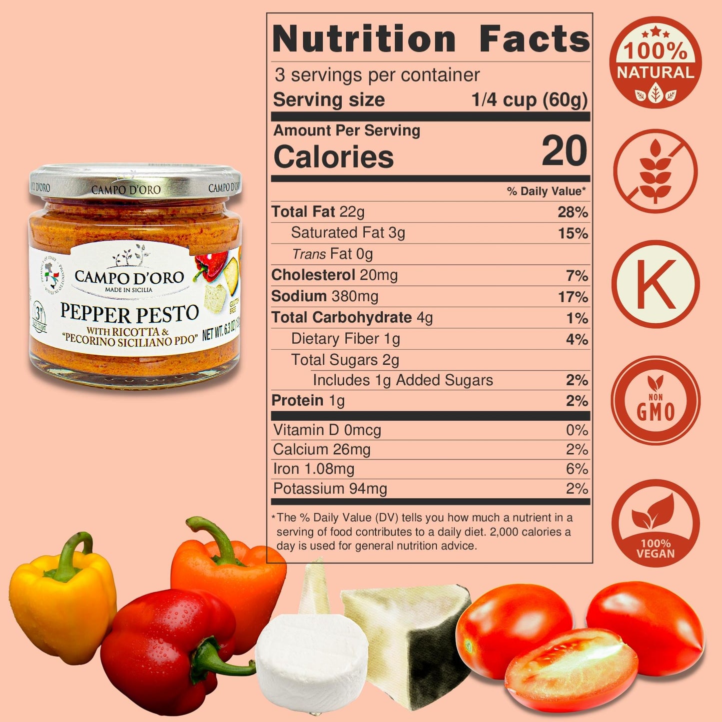 Jar of Campo D’Oro pepper pesto with ricotta and Pecorino Siciliano PDO 180g authentic Italian gourmet pesto sauce