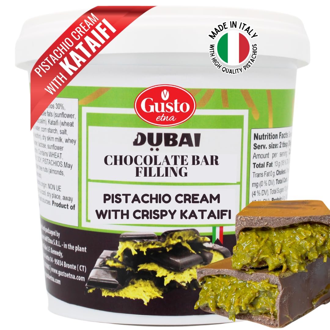 Close-up of Gusto Etna Dubai Chocolate Bar Filling – rich pistachio cream blended with crispy kataifi, packaged in a 2.2lb tub, perfect for making indulgent Dubai-style chocolate bars and gourmet desserts