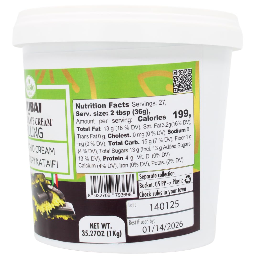 Close-up of Gusto Etna Dubai Chocolate Bar Filling – rich pistachio cream blended with crispy kataifi, packaged in a 2.2lb tub, perfect for making indulgent Dubai-style chocolate bars and gourmet desserts