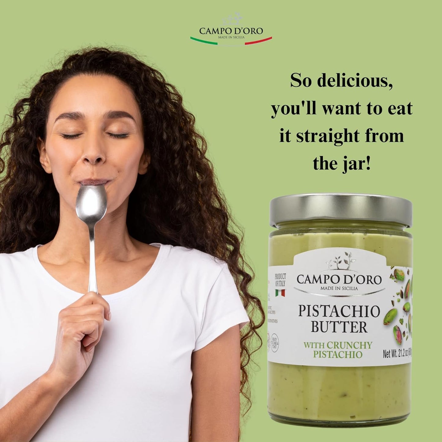 Jar of Campo D’Oro pistachio butter with crunchy pistachio 600g authentic Italian gourmet pistachio cream spread