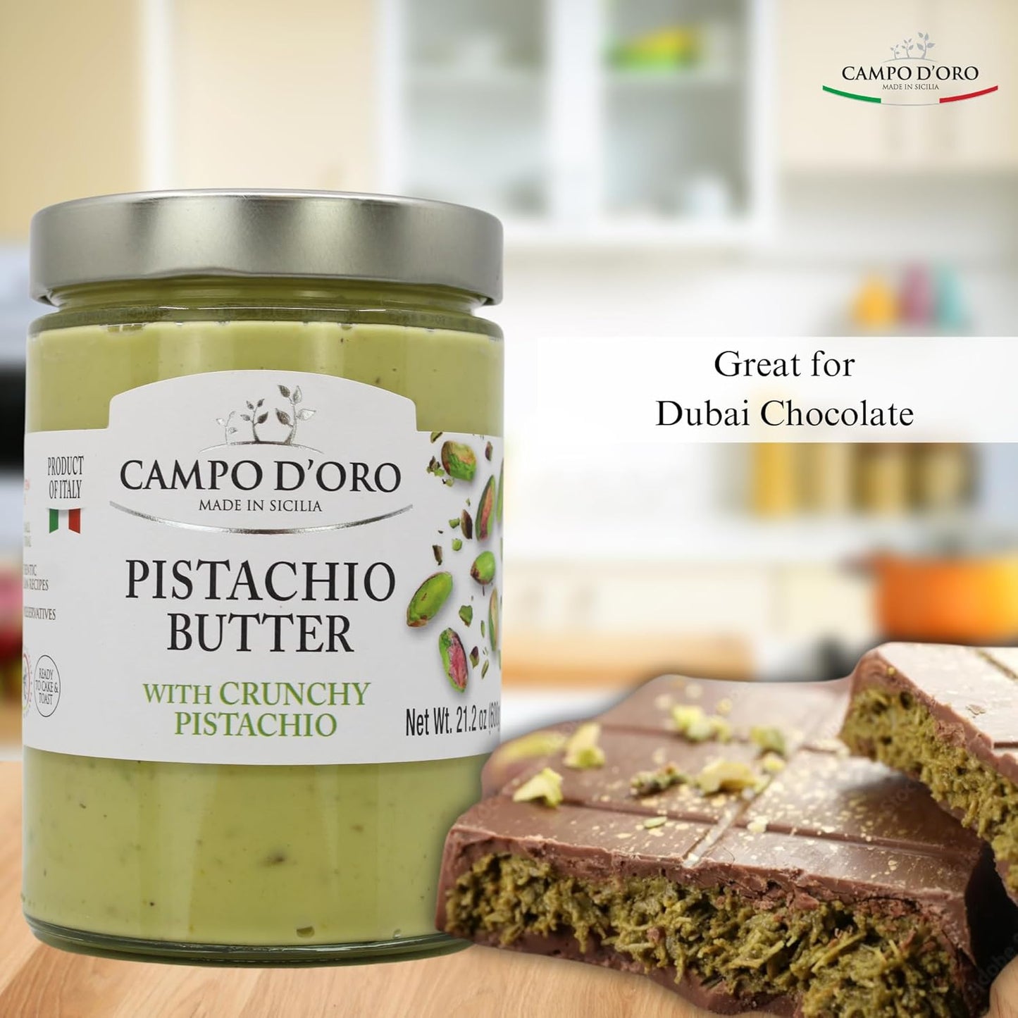 Jar of Campo D’Oro pistachio butter with crunchy pistachio 600g next to pistachio-filled Dubai chocolate bar authentic Italian spread