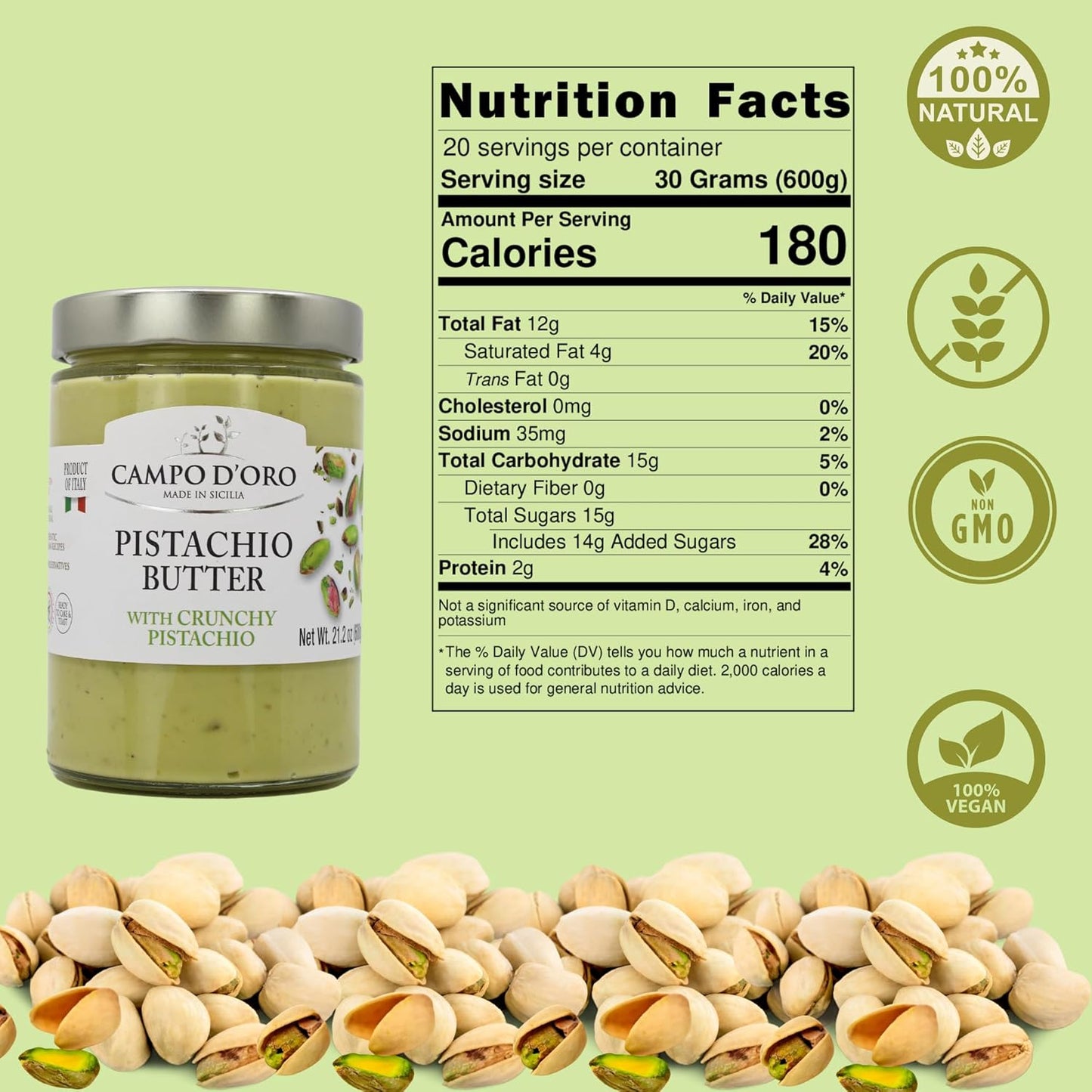 Jar of Campo D’Oro pistachio butter with crunchy pistachio 600g authentic Italian gourmet pistachio cream spread