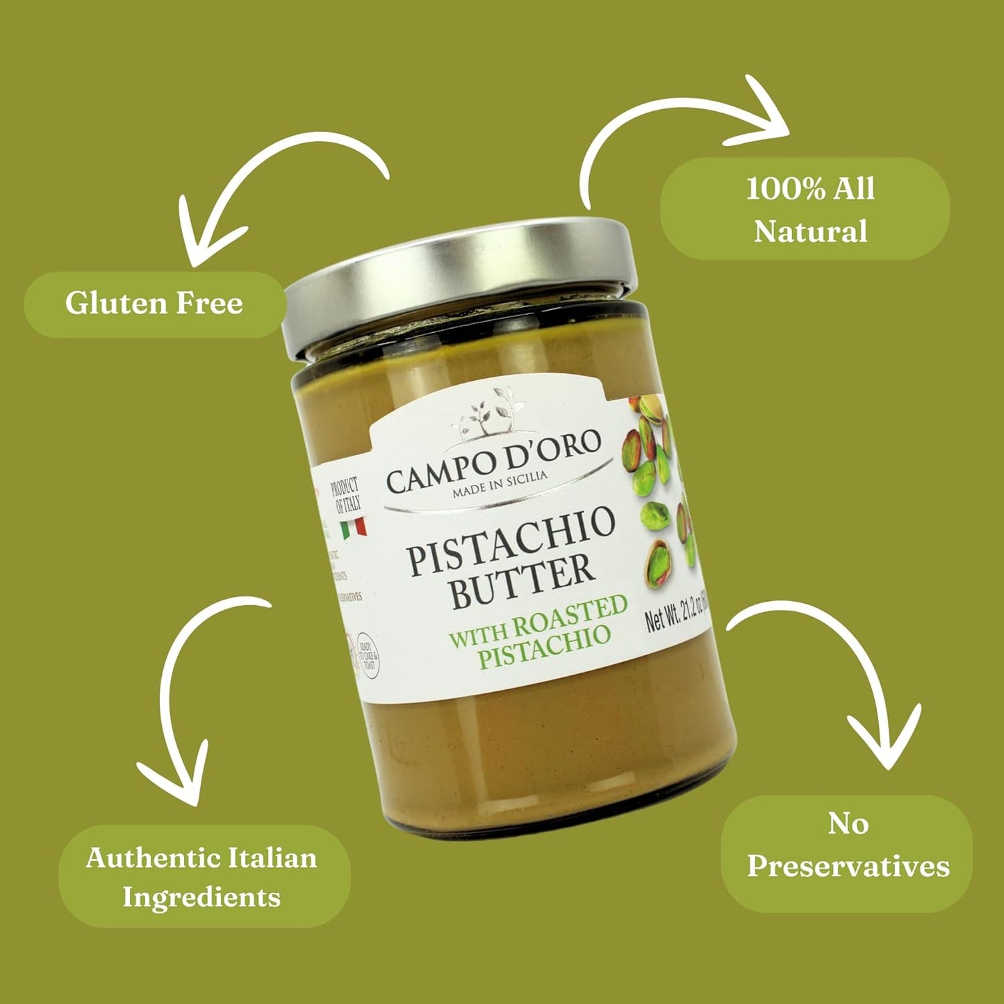 Jar of Campo D’Oro pistachio butter with roasted pistachio 600g authentic Italian gourmet pistachio cream spread