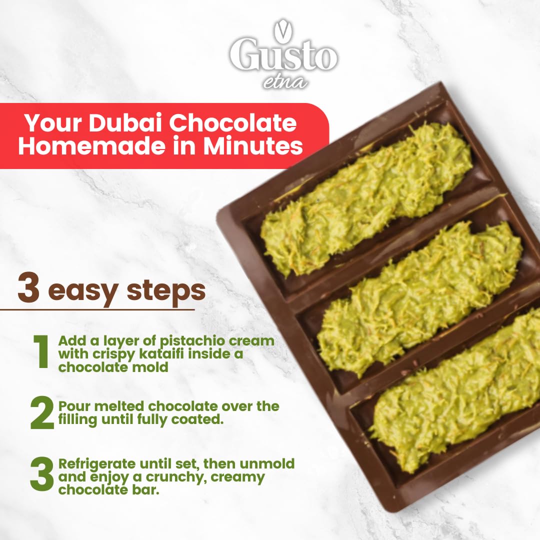 Gusto Etna Dubai Chocolate Bar Filling tub in front of chocolate bar squares filled with crispy kataifi pistachio cream, garnished with chopped pistachios.