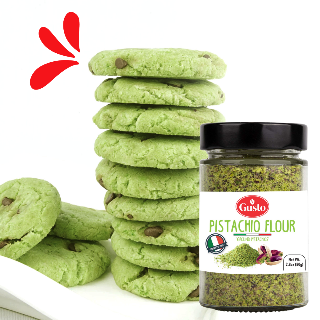 Jar of Gusto Etna Pistachio Flour made from finely ground pistachios, perfect for baking and dessert recipes.