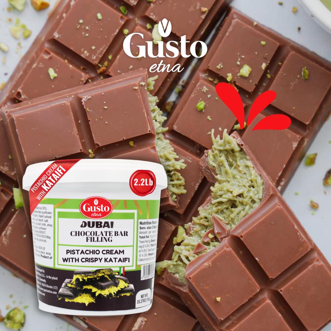 Gusto Etna Dubai Chocolate Bar Filling – a rich pistachio cream with crispy kataifi, packaged in a 2.2lb container, perfect for filling chocolate bars, pastries, and creative gourmet recipes.