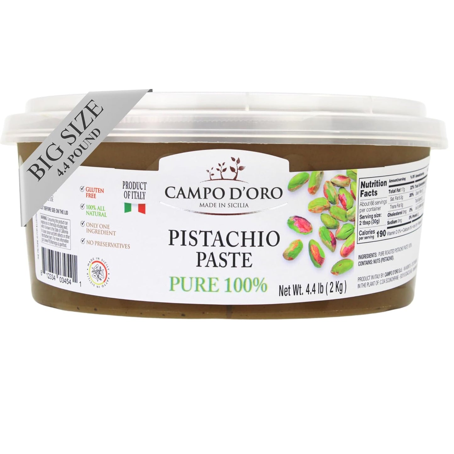 Campo D’Oro pure pistachio paste 100% 2kg bucket authentic Italian gourmet pistachio butter spread for foodservice and desserts