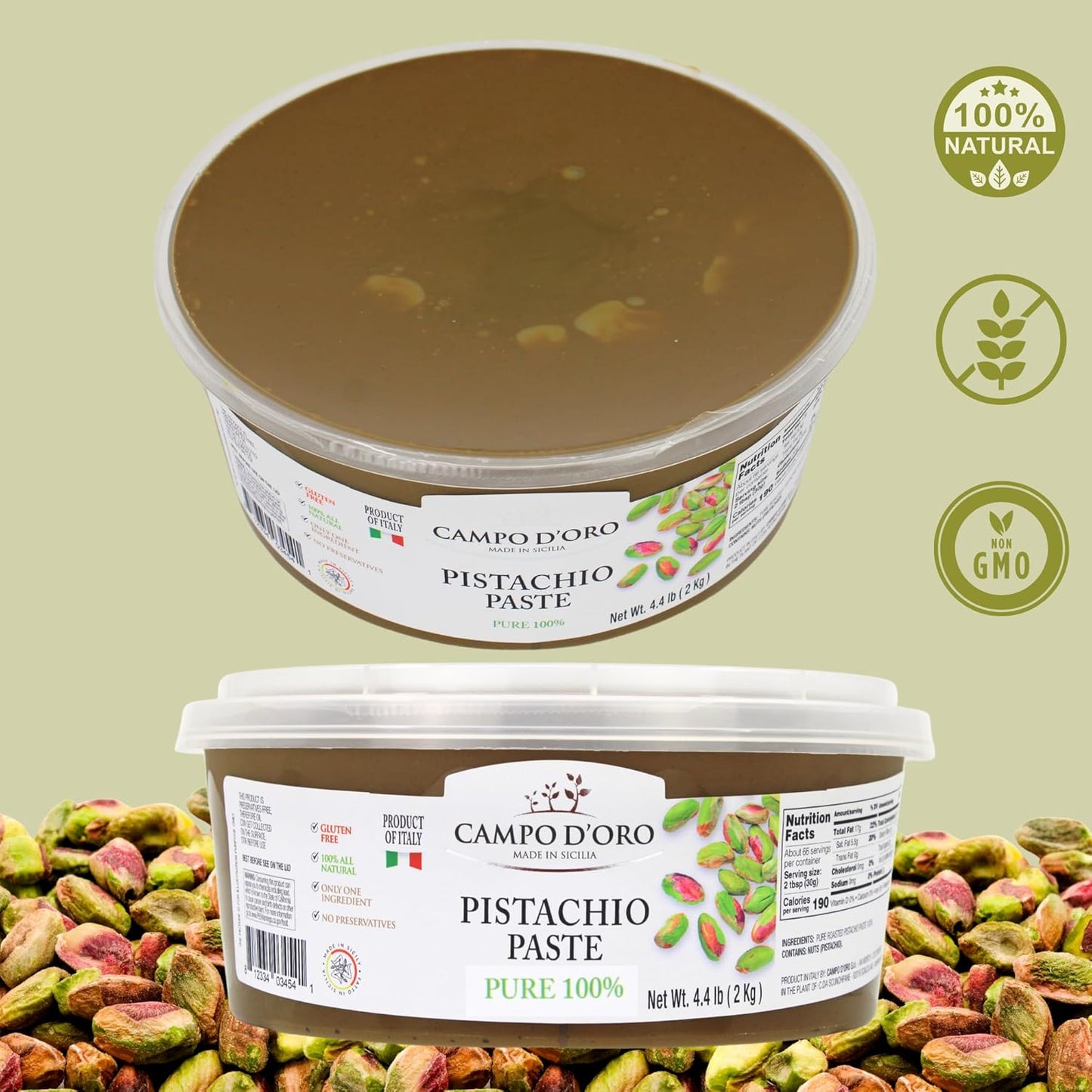 Campo D’Oro pure pistachio paste 100% 2kg bucket authentic Italian gourmet pistachio butter spread for foodservice and desserts
