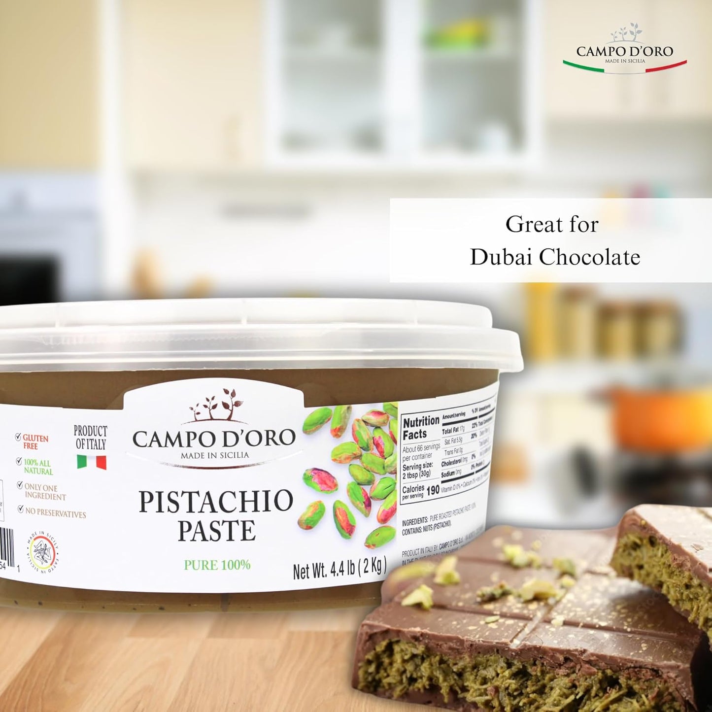 Campo D’Oro pure pistachio paste 100% 2kg bucket authentic Italian gourmet pistachio butter spread for foodservice and desserts