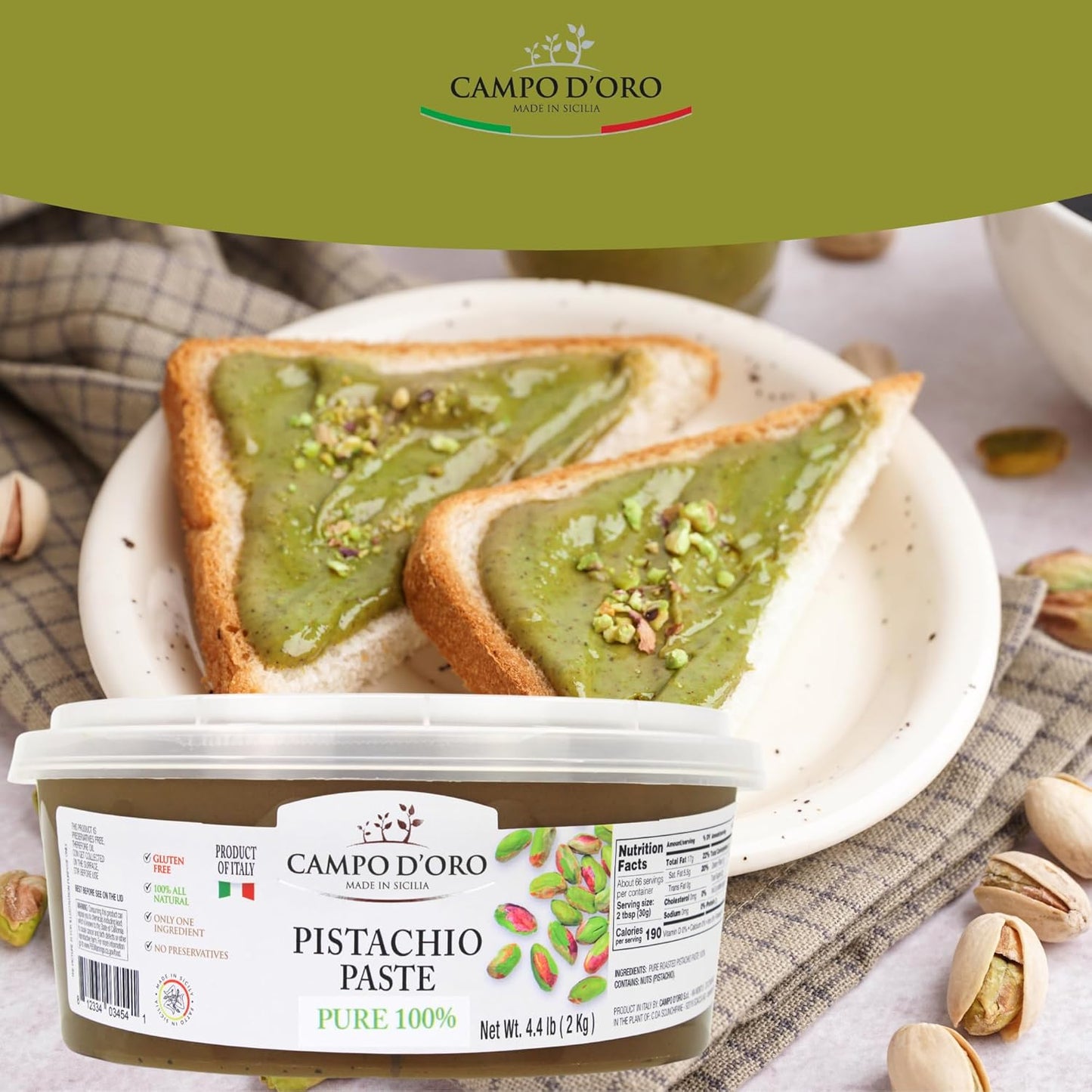 Campo D’Oro pure pistachio paste 100% 2kg bucket authentic Italian gourmet pistachio butter spread for foodservice and desserts