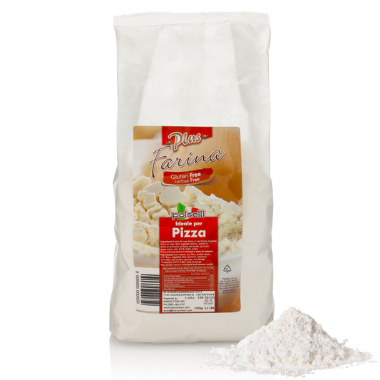 A bag of Polselli Gluten-Free Flour with a pile of white flour in front of it, on a white background.