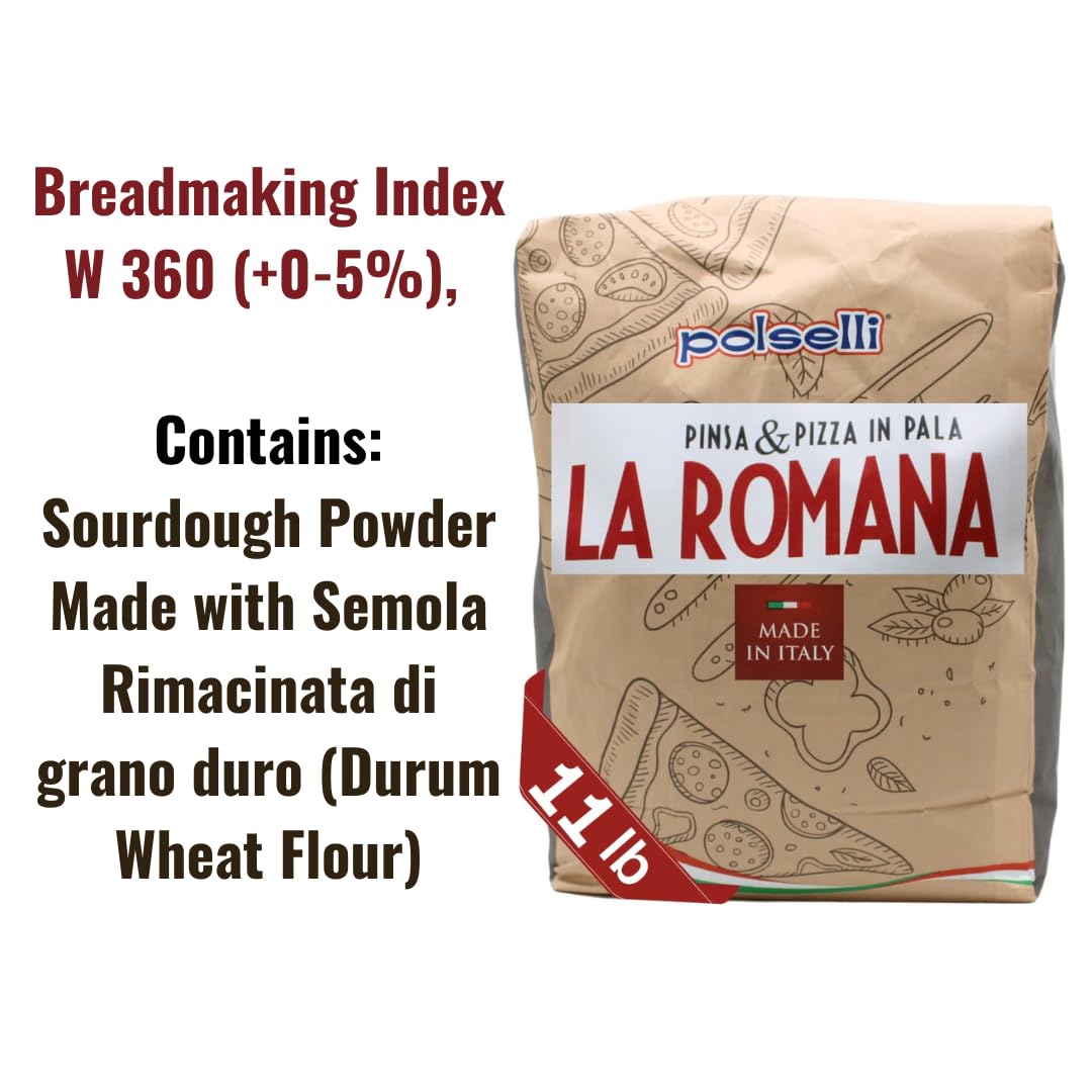 Polselli La Romana Pinsa & pizza in Pala Flour dough package with text about breadmaking index and ingredients.