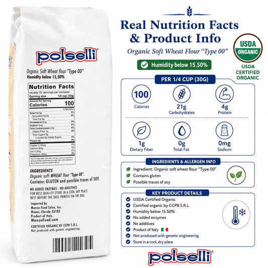 A promotional product graphic for Mazafood Polselli Organic Soft Wheat Flour Type 00. The image shows a white bag of flour on the left with its nutrition facts and ingredients partially visible, alongside a detailed blue informational panel on the right detailing product benefits, nutrition facts, and key features.