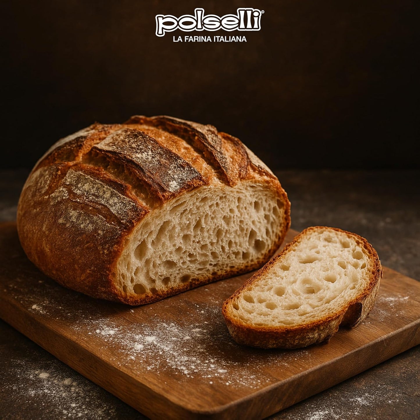 Loaf of bread with a slice on a wooden board, featuring the Polseli brand.
