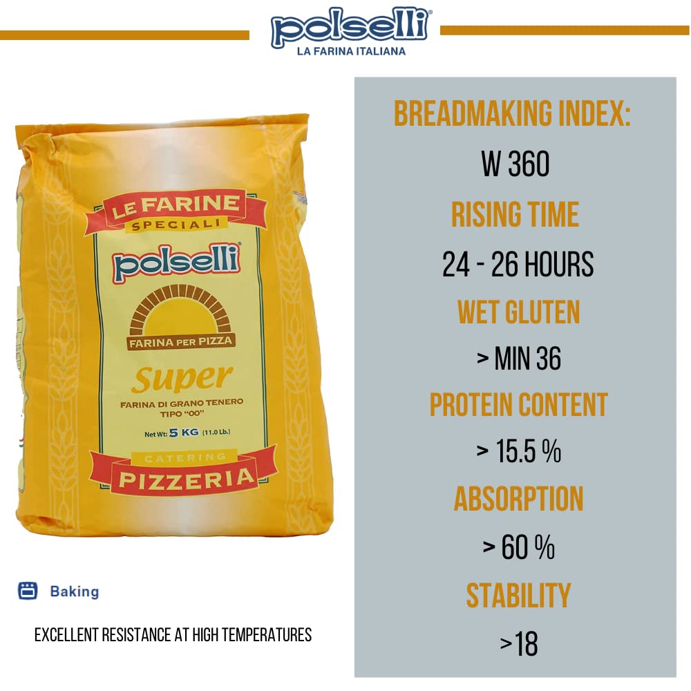Polselli pizza flour package with product details on a gray background