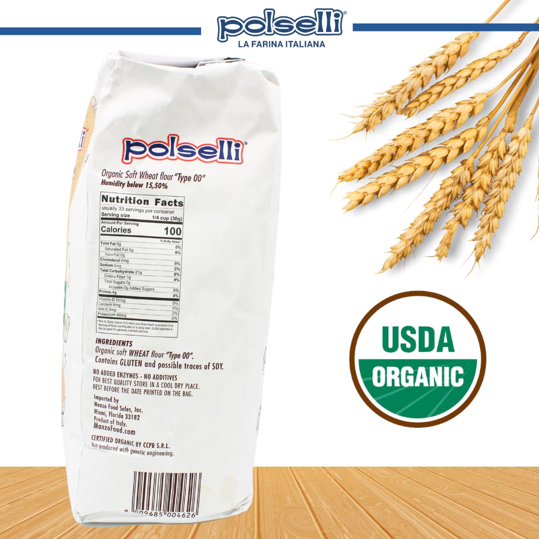 Polselli organic flour bag with wheat ears and USDA Organic label on a wooden surface