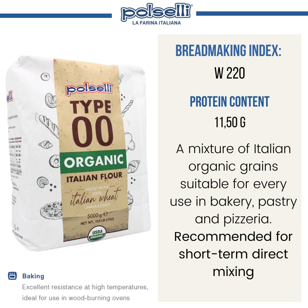Polselli organic Italian flour type 00 package with product details on a white background