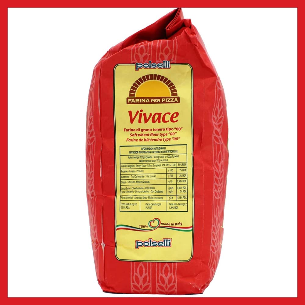 Red bag of Polseli Vivace pizza flour with yellow label on a white background
