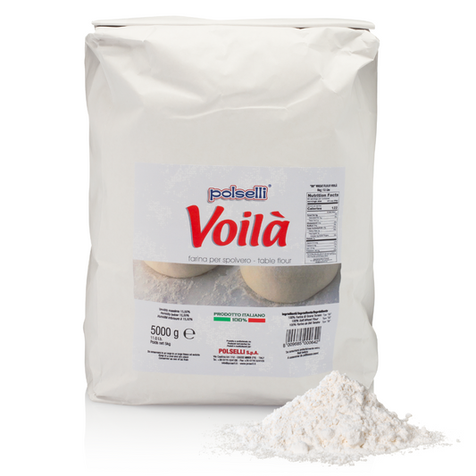 A white bag of Polselli Voila Spolvero '00' Flour with some flour scattered in front, on a white background.