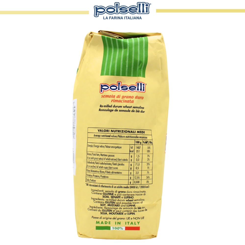 Yellow polselli pasta bag with nutritional information on a white background