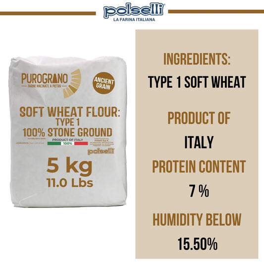 Poleselli soft wheat flour package with product details on a beige background