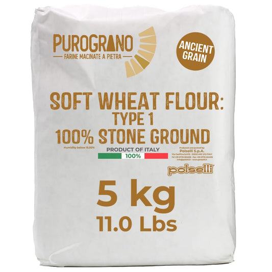 Bag of Purograno soft wheat flour on a white background