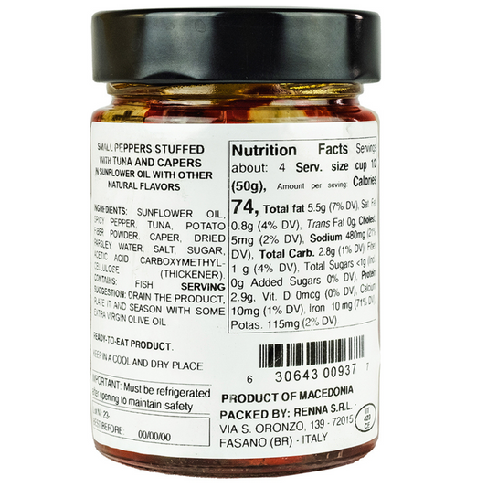 Renna, Small Peppers Stuffed with Tuna and Capers in preserved in oil, 10.58 oz