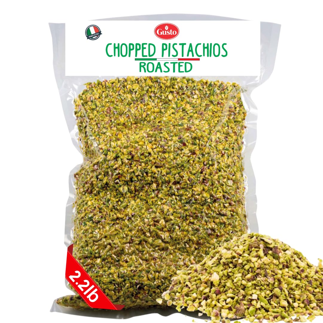 Bag of roasted chopped pistachios with Gusto branding on a white background