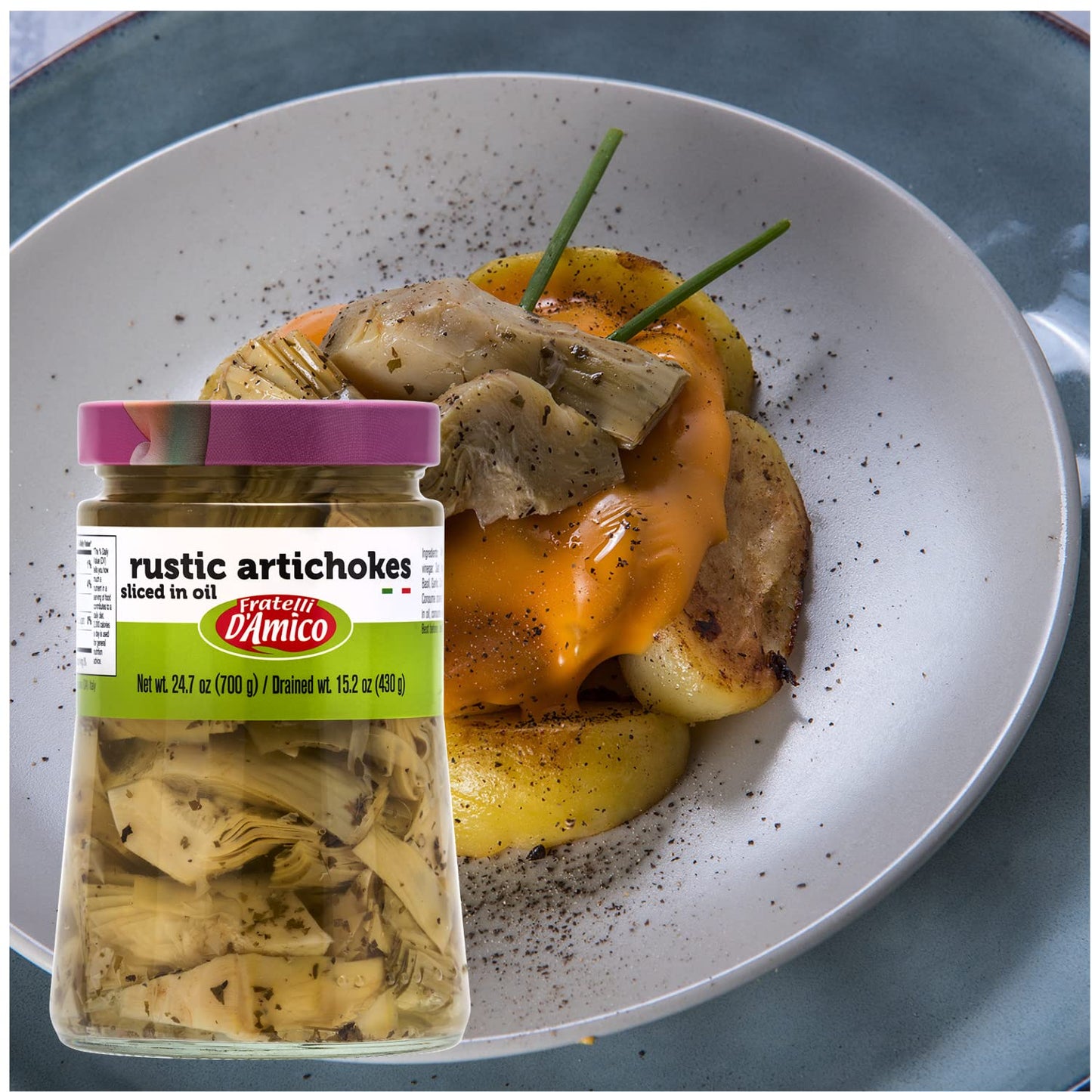 Jar of Fratelli D’Amico rustic artichokes sliced in oil 700g authentic Italian antipasto