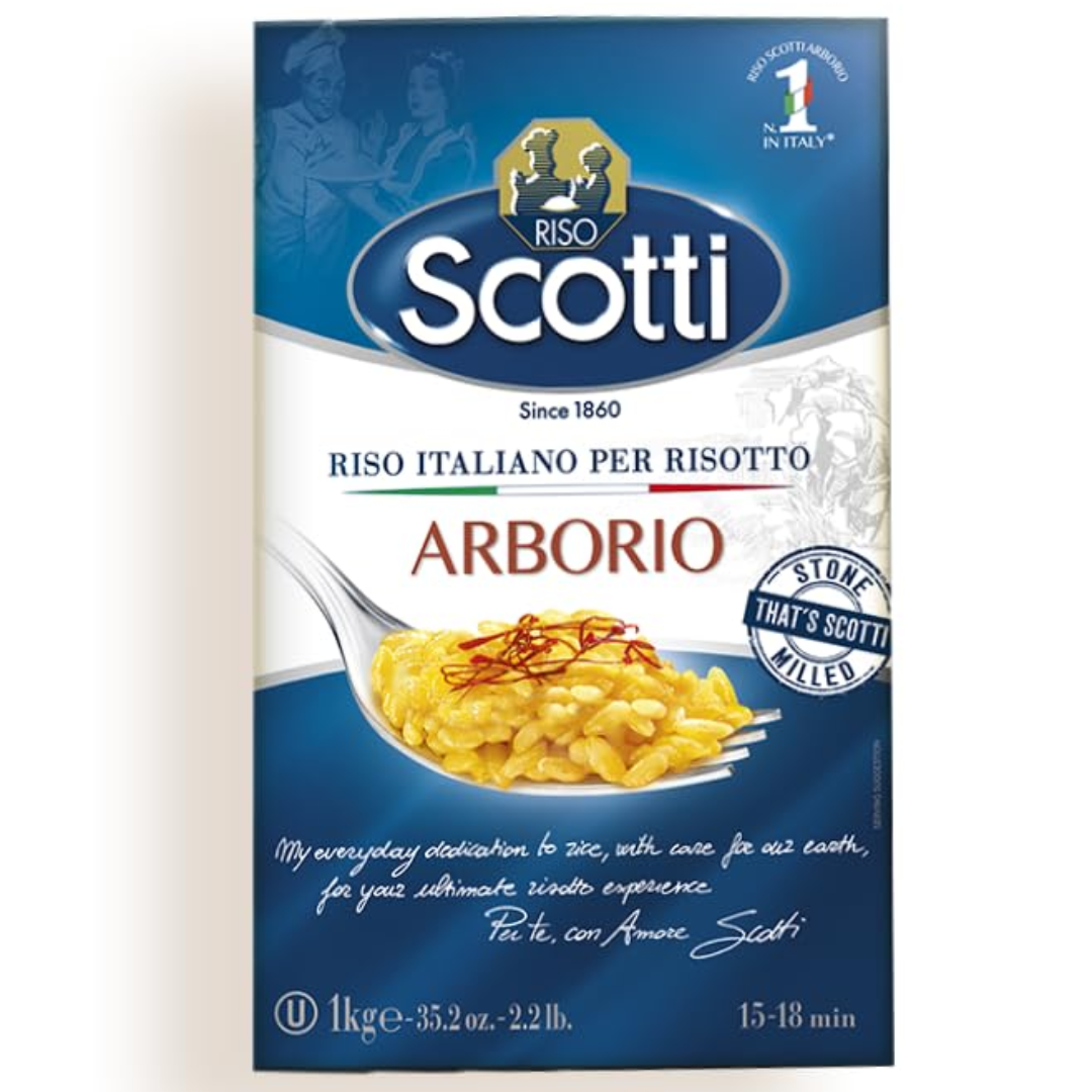 Packaging of Riso Scotti Arborio Rice showing the brand logo, product name, and an image of cooked rice. The package is labeled with '1 kg' and cooking time information.