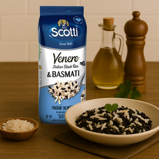 Riso Scotti Venere Italian Black Rice & Basmati package displayed beside a bowl of cooked black and white rice blend, with olive oil, pepper mill, and raw rice grains in the background