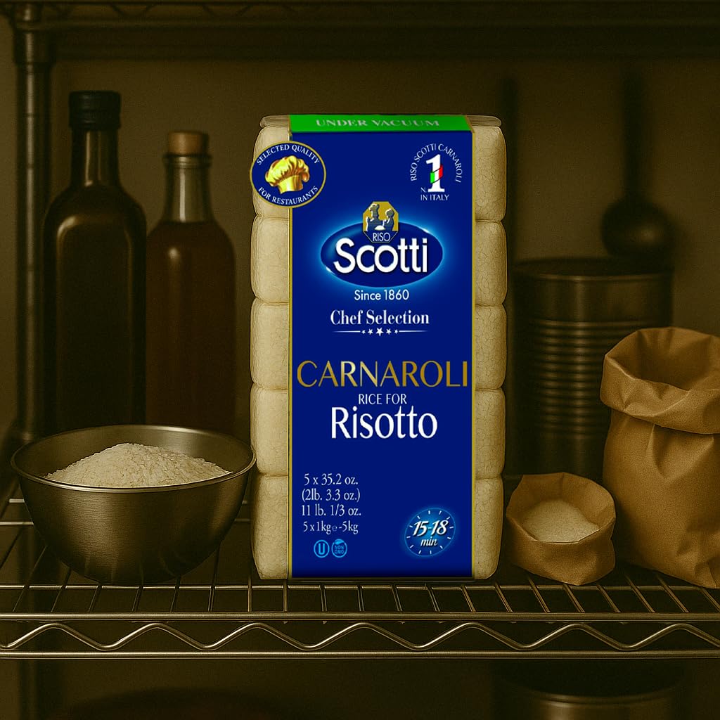 Scotti Carnaroli risotto rice package on a shelf with ingredients in the background