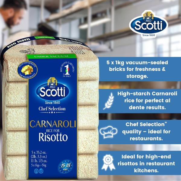 Scotti Carnaroli rice packaging with product details on a blurred kitchen background