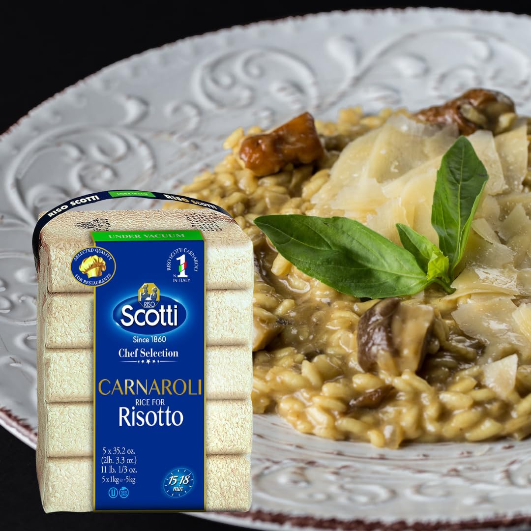 Scotti Carnaroli rice package with a plate of risotto in the background