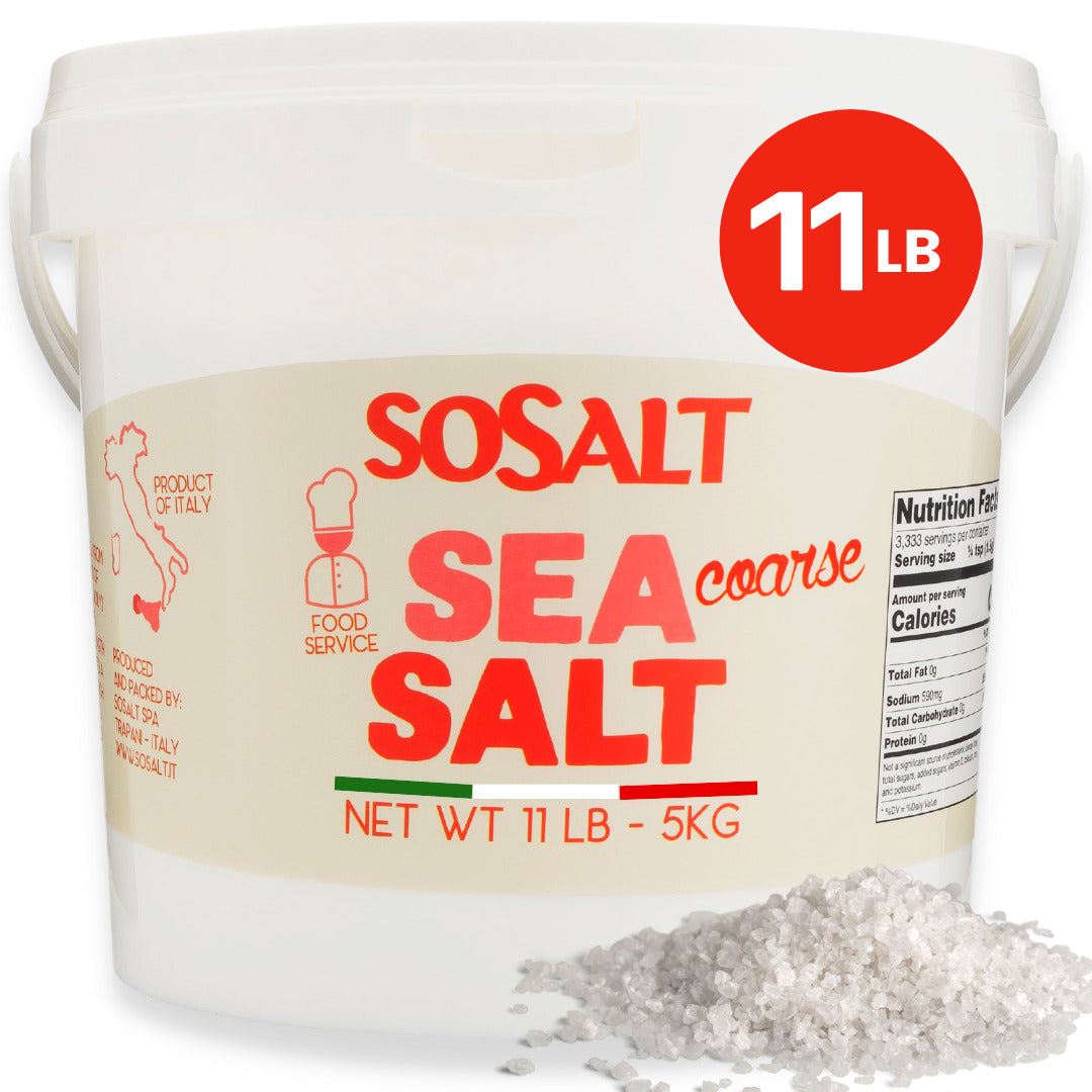 SoSalt coarse natural sea salt in a large 11 lb (5kg) white foodservice bucket, Italian product with red logo and chef icon, shown with coarse Mediterranean sea salt at the base.